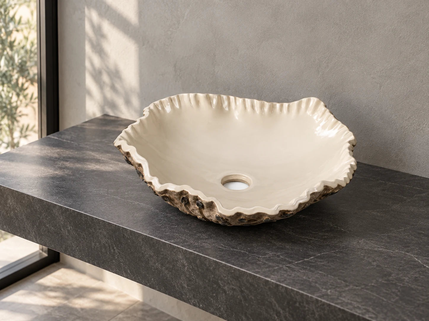 Stylized presentation of a real handmade ivory porcelain basin
