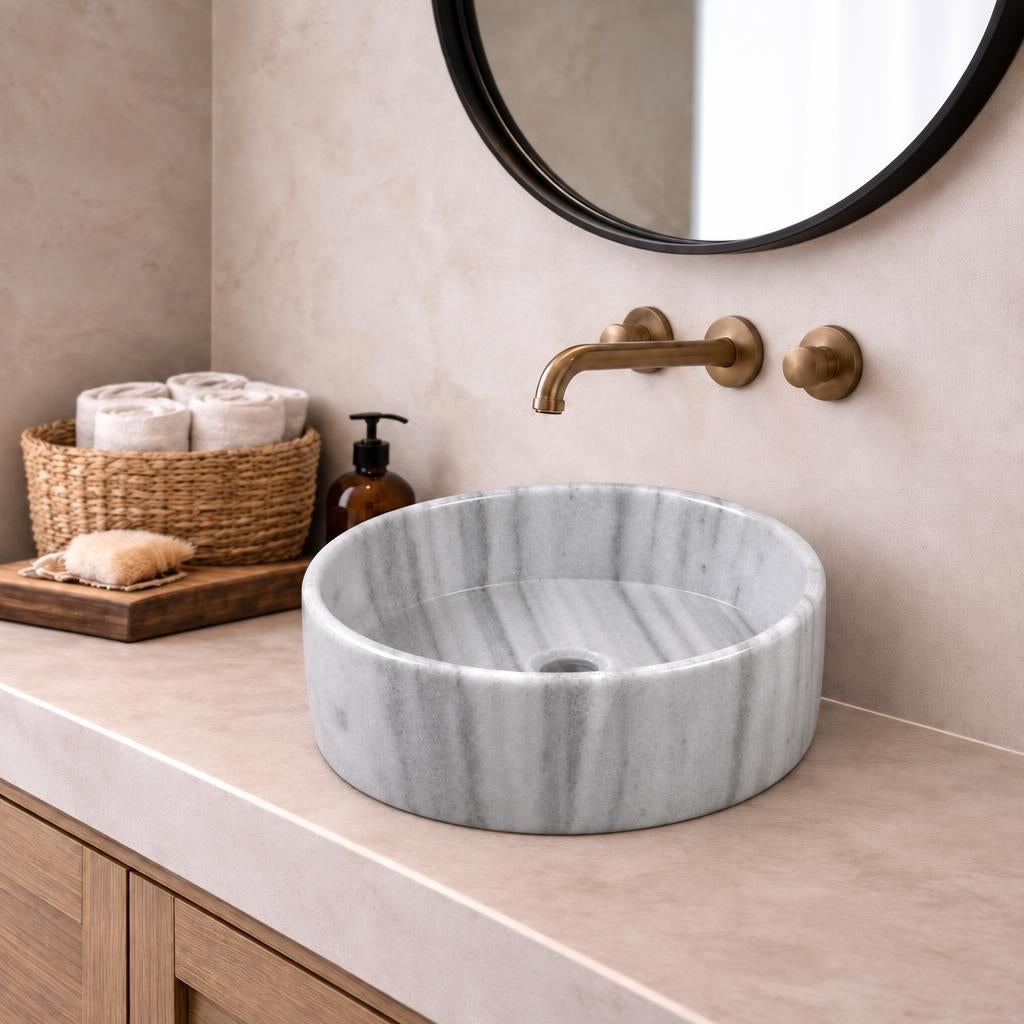 Silindir Lavabo — Gri Çizgili, 40 cm — stilize mekân sunumu