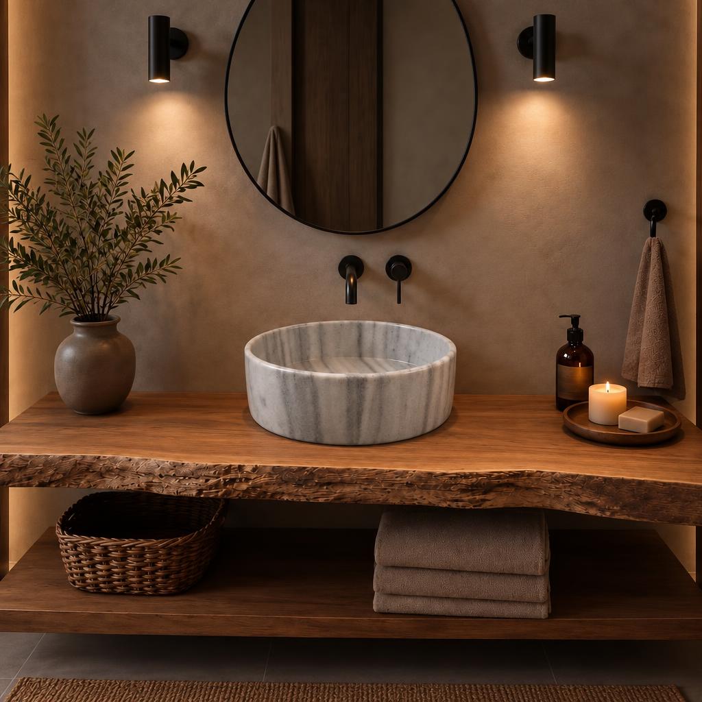Silindir Lavabo — Gri Çizgili, 40 cm — stilize mekân sunumu