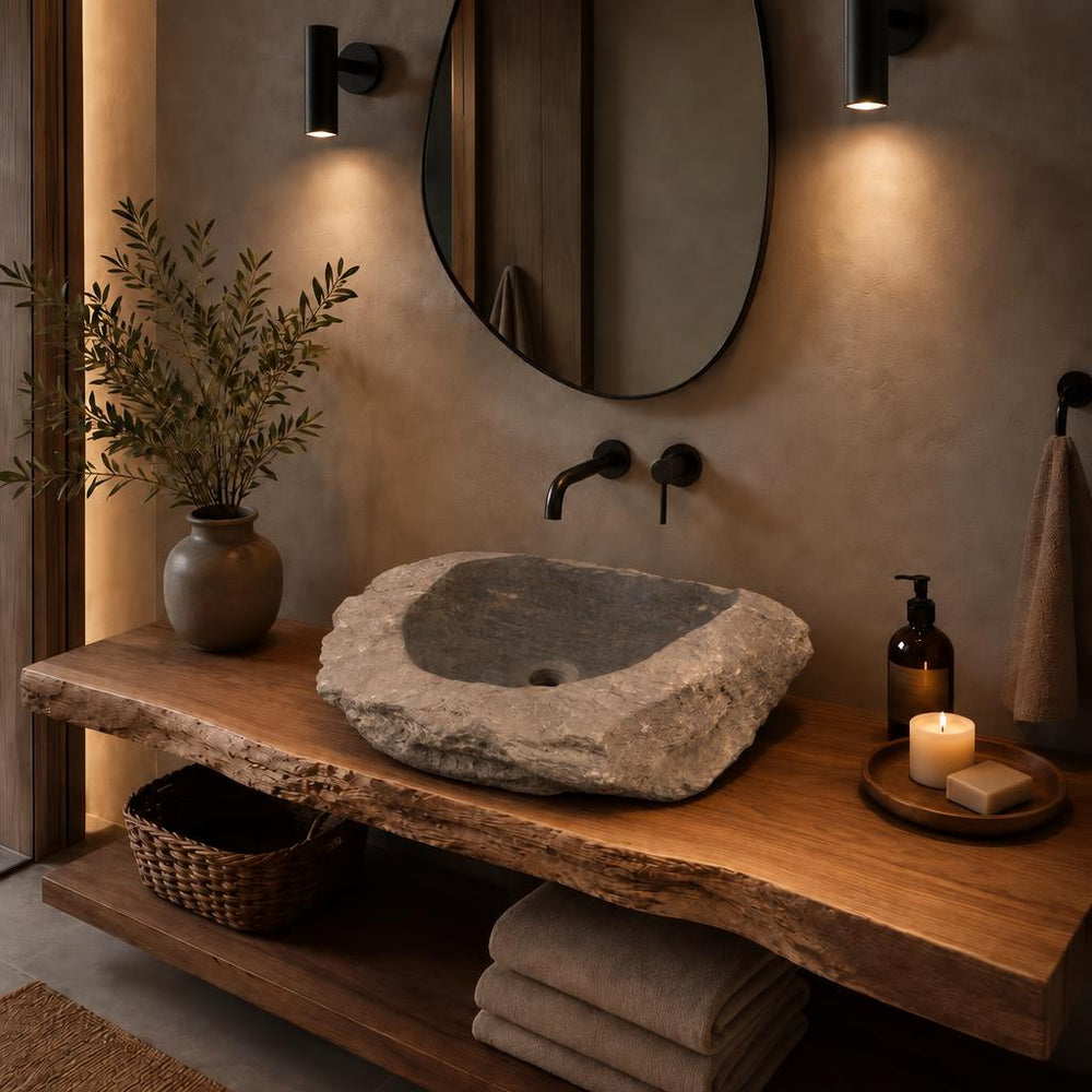 Serbest Form Lavabo — Koyu İç Yüzeyli, 58 cm — stilize mekân sunumu