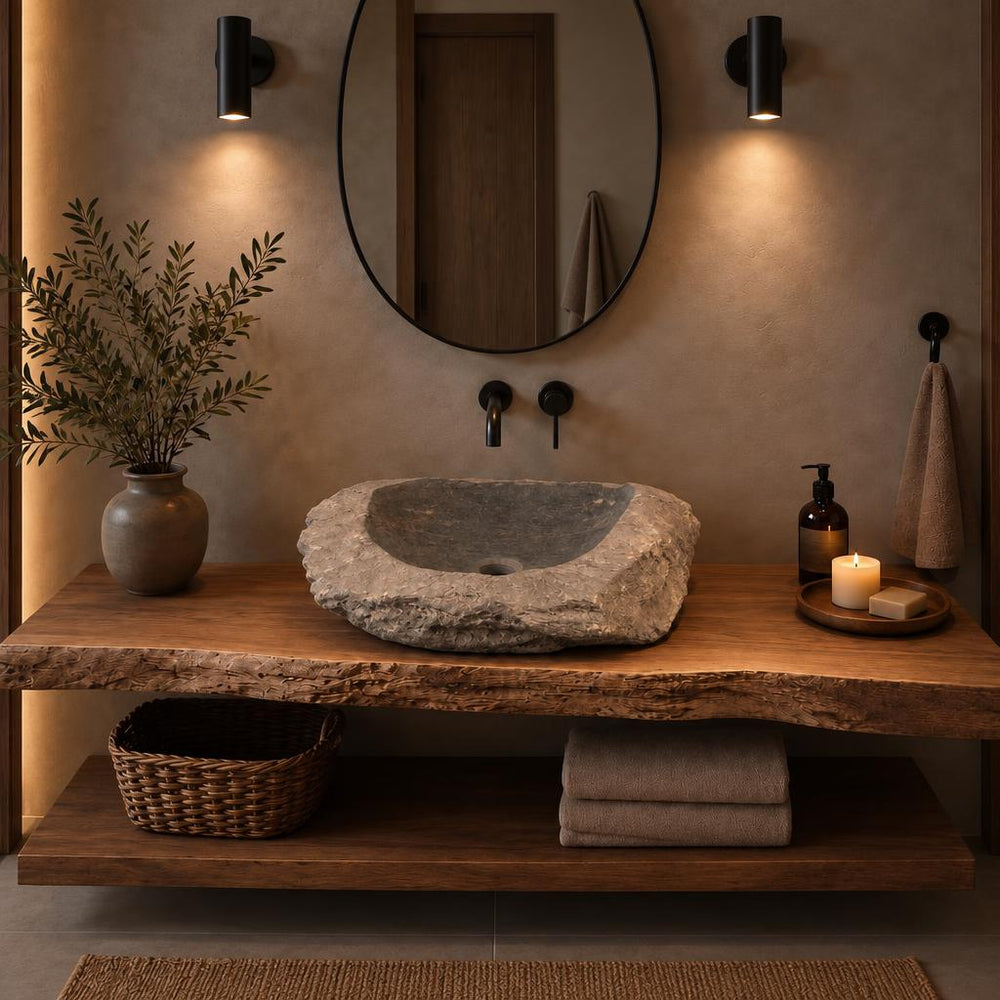 Serbest Form Lavabo — Koyu İç Yüzeyli, 58 cm — stilize mekân sunumu