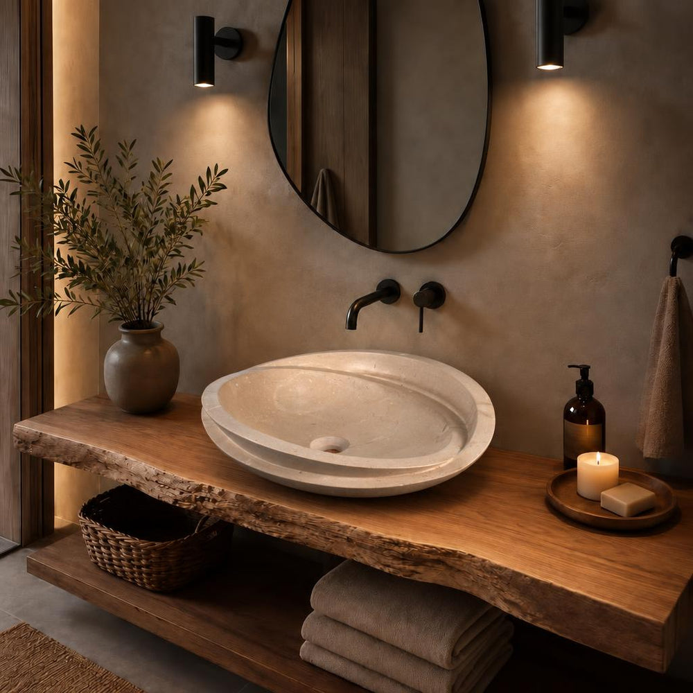Oval Lavabo — Katmanlı Kenarlı, 52 cm — stilize mekân sunumu