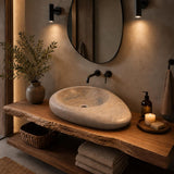 Organik Form Lavabo — Kum Beji, 64 cm — stilize mekân sunumu