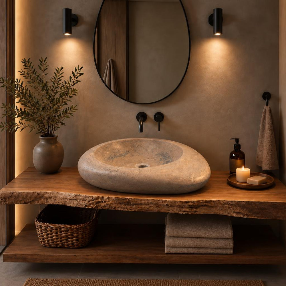 Organik Form Lavabo — Kum Beji, 64 cm — stilize mekân sunumu