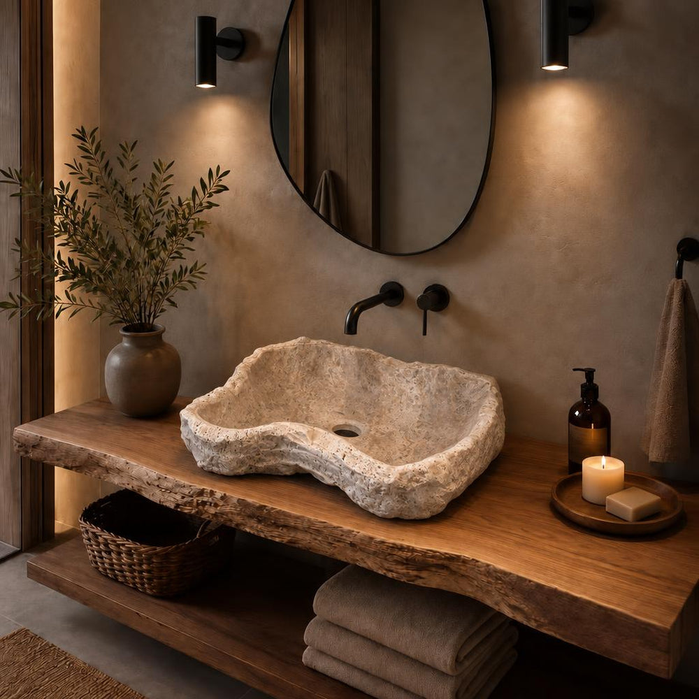 Serbest Form Lavabo — Kırık Taş Dokulu, 52 cm — stilize mekân sunumu
