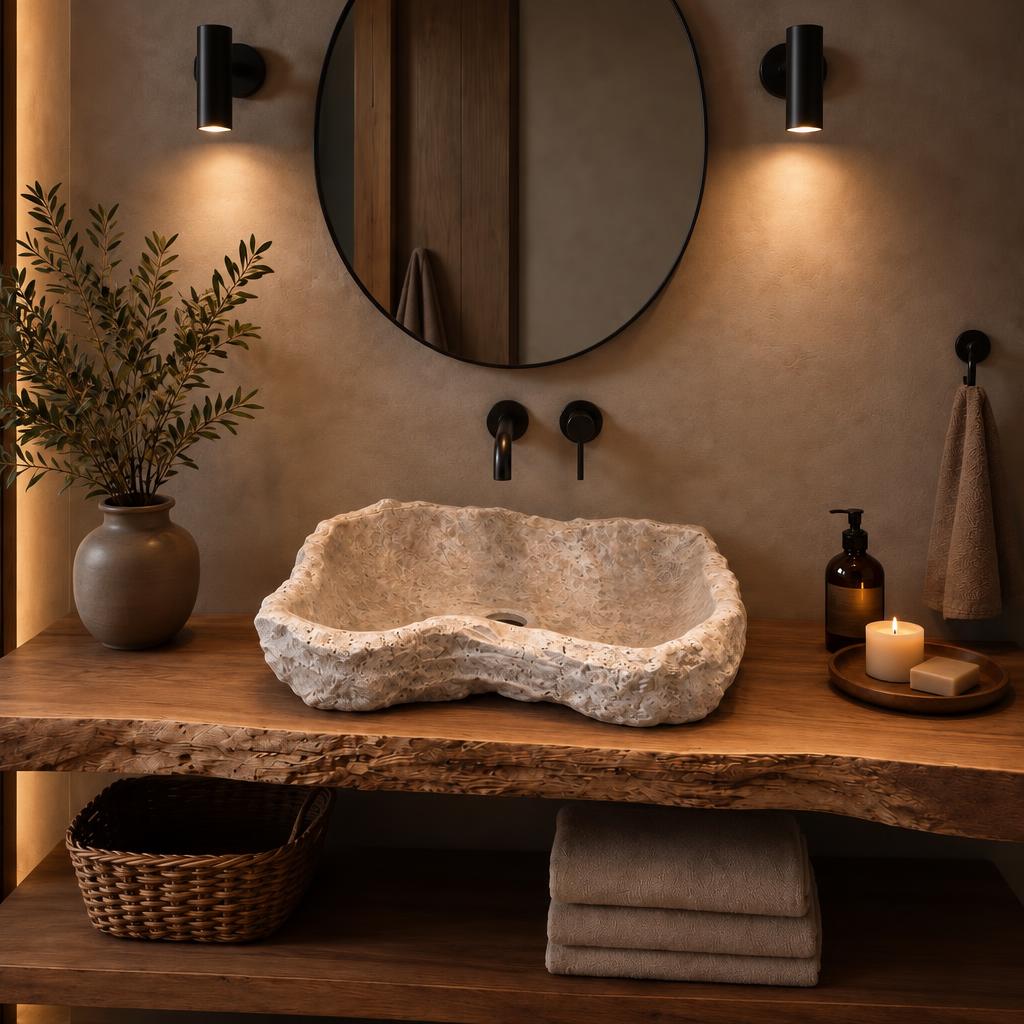 Serbest Form Lavabo — Kırık Taş Dokulu, 52 cm — stilize mekân sunumu