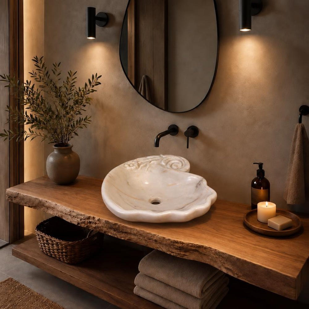 Dalgalı Kenarlı Lavabo — Beyaz, 41 cm — stilize mekân sunumu