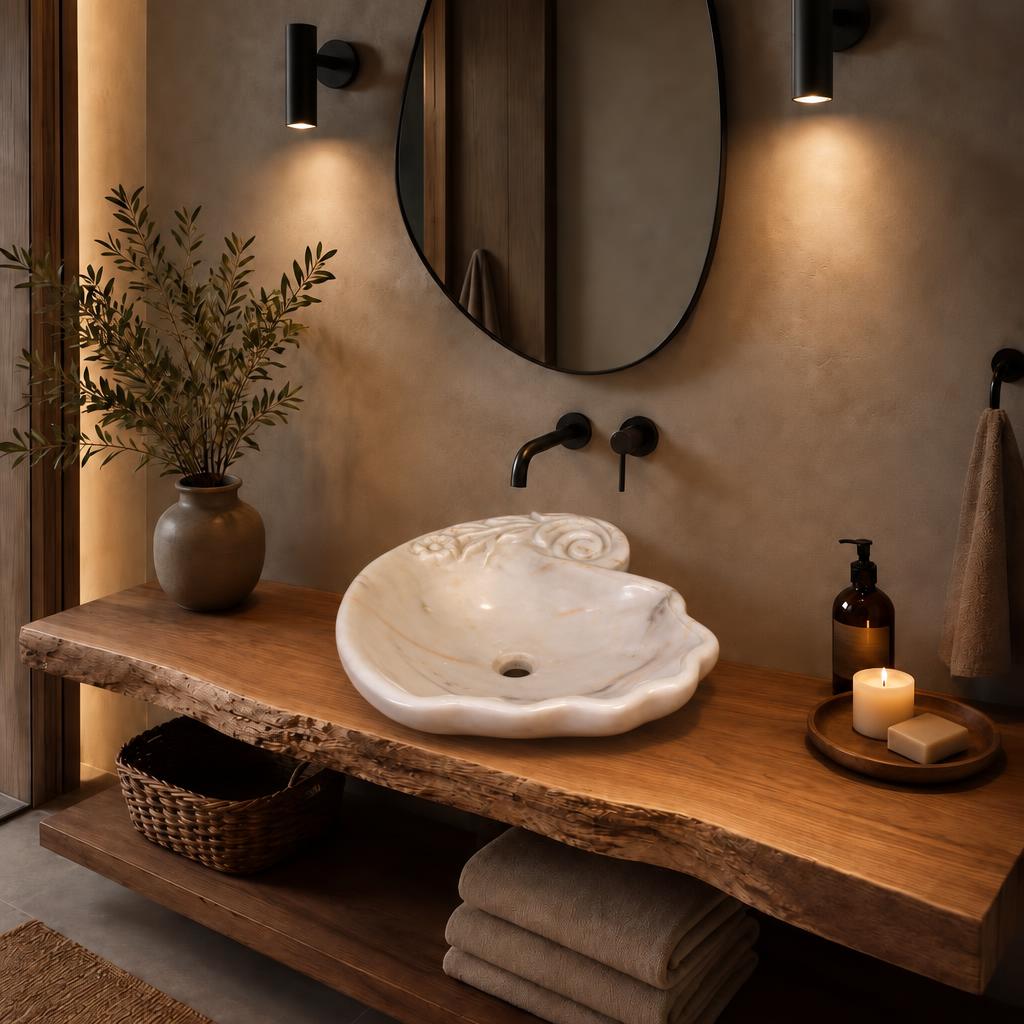 Dalgalı Kenarlı Lavabo — Beyaz, 41 cm — stilize mekân sunumu