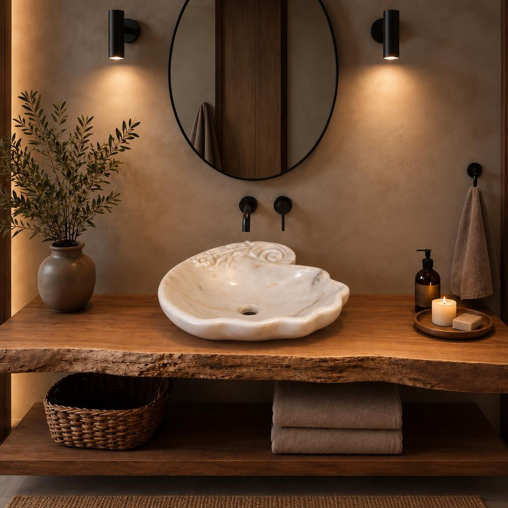 Dalgalı Kenarlı Lavabo — Beyaz, 41 cm — stilize mekân sunumu
