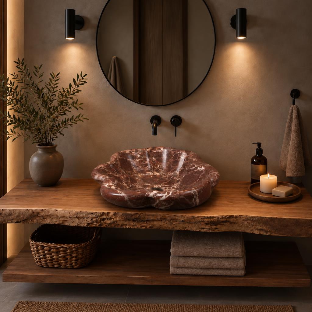 Çiçek Formlu Lavabo — Bordo Damarlı, 39 cm — stilize mekân sunumu