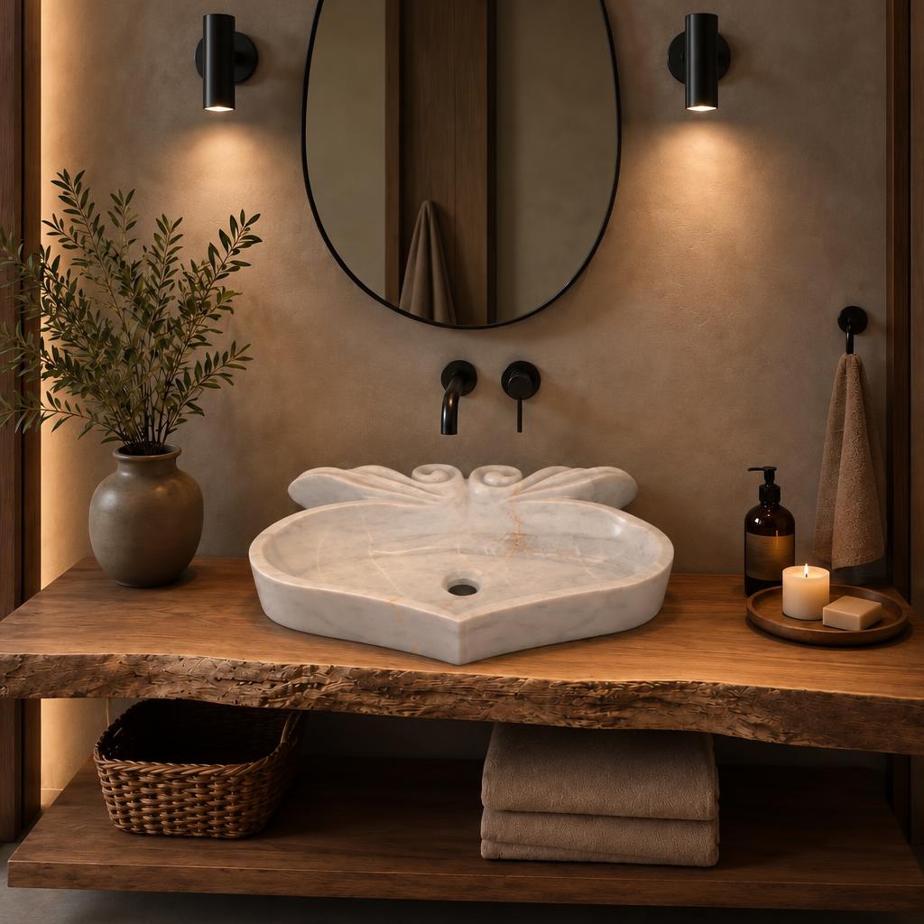 Kalp Formlu Lavabo — Kıvrımlı Beyaz, 44 cm — stilize mekân sunumu