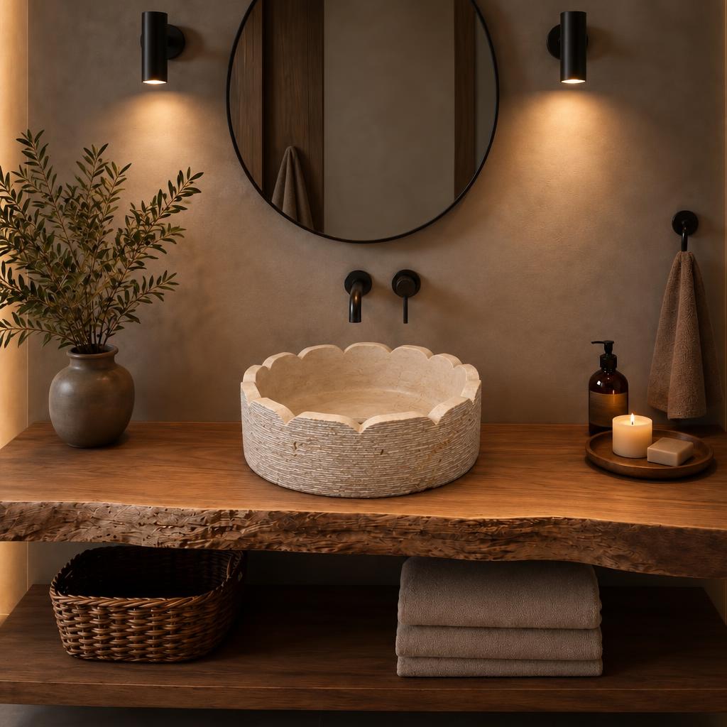 Çiçek Kenarlı Lavabo — Kum Beji, 41 cm — stilize mekân sunumu