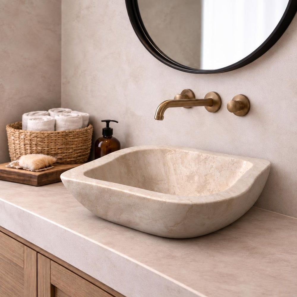 Köşeli Lavabo — Açık Bej, 54 cm — stilize mekân sunumu