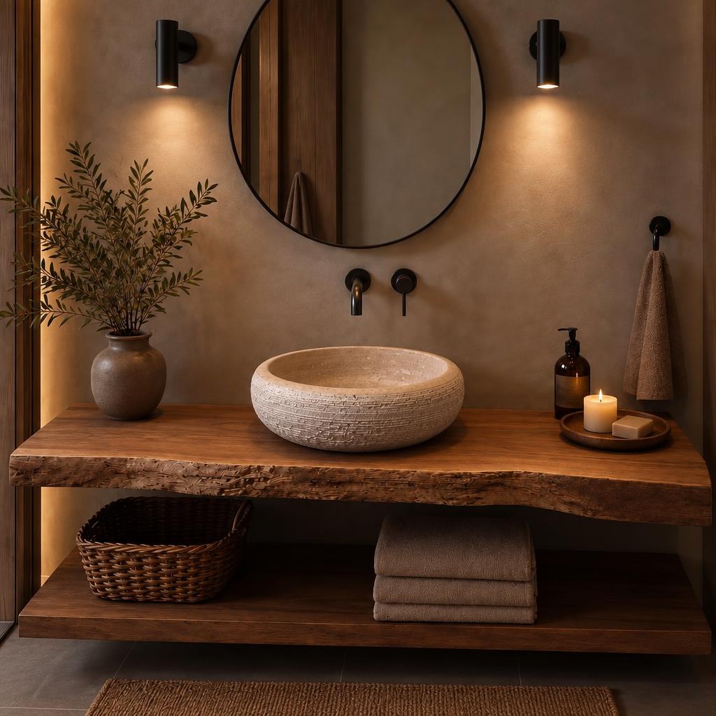 Silindir Lavabo — Dokulu Dış Yüzeyli, 41 cm — stilize mekân sunumu