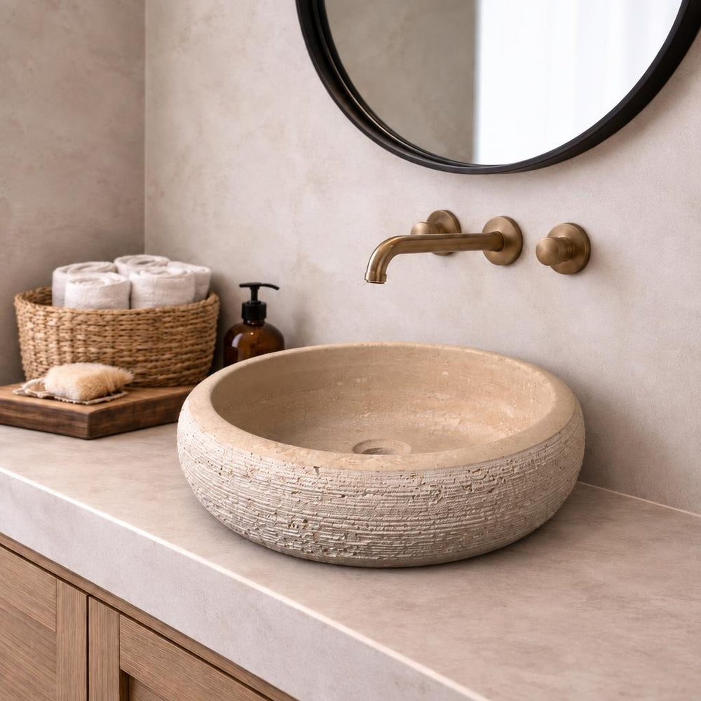 Silindir Lavabo — Dokulu Dış Yüzeyli, 41 cm — stilize mekân sunumu