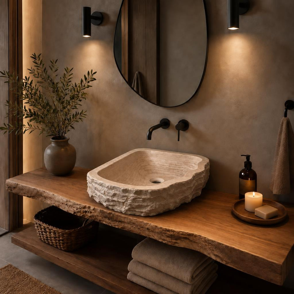 Dikdörtgen Lavabo — Dalgalı Ham Kenarlı, 42 cm — stilize mekân sunumu