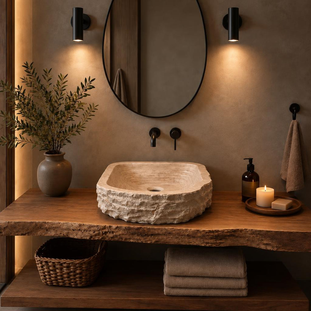 Dikdörtgen Lavabo — Dalgalı Ham Kenarlı, 42 cm — stilize mekân sunumu