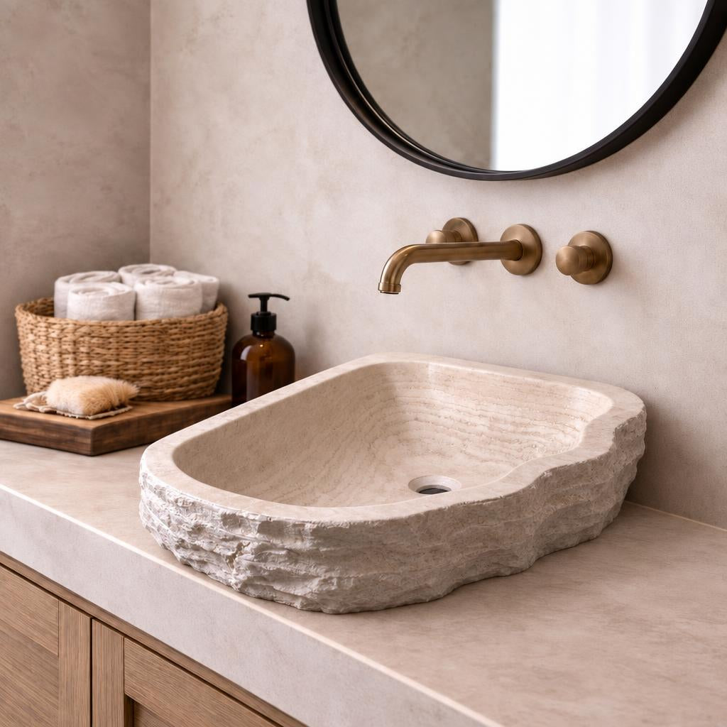 Dikdörtgen Lavabo — Dalgalı Ham Kenarlı, 42 cm — stilize mekân sunumu