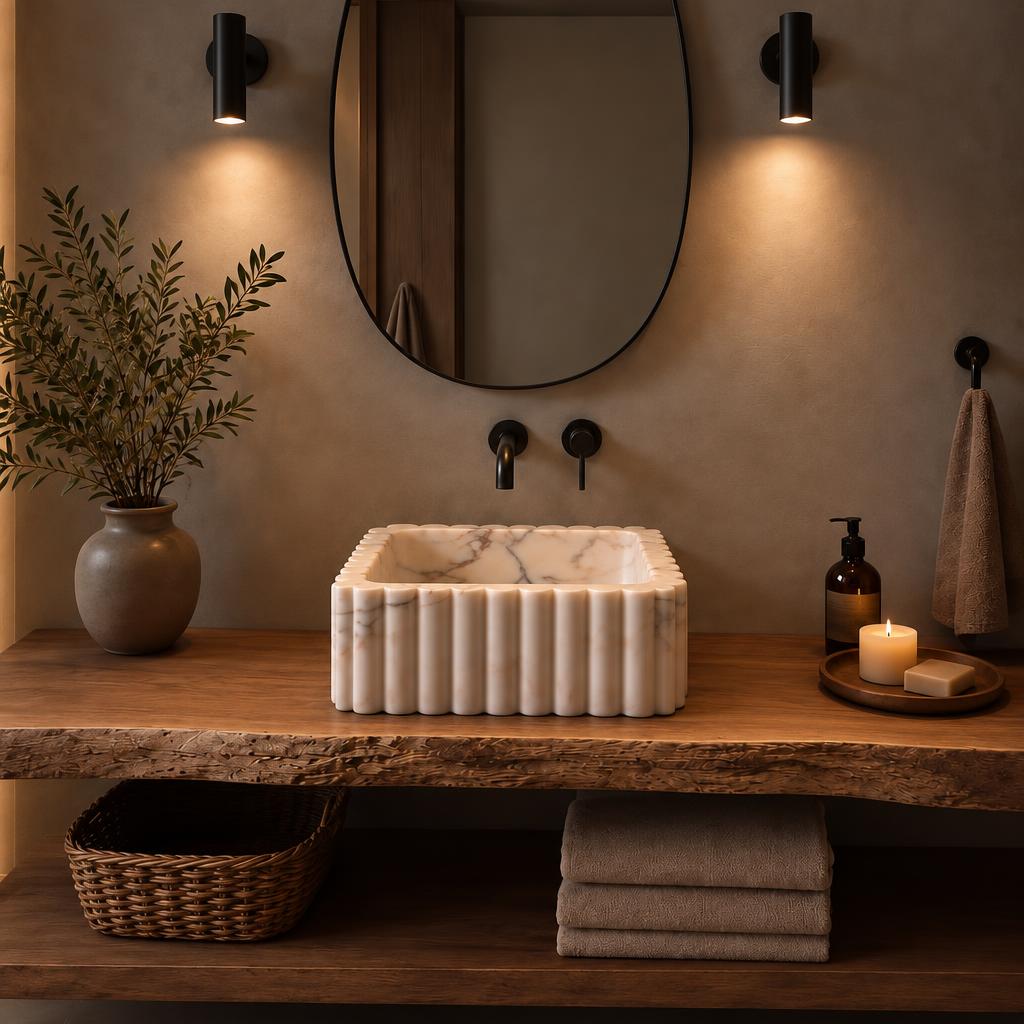Kare Lavabo — Pembe Damarlı Yivli, 30 cm — stilize mekân sunumu