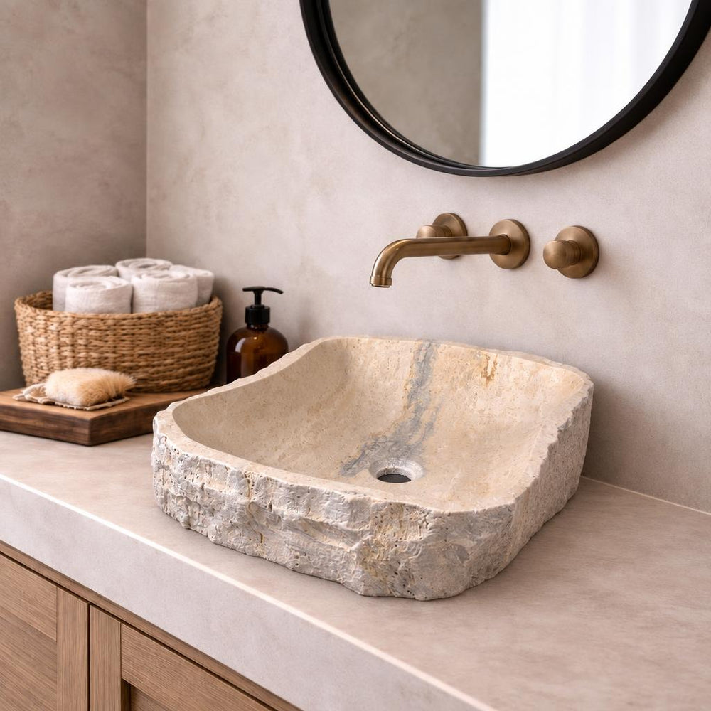 Dikdörtgen Lavabo — Açık Bej Ham Yanlı, 39 cm — stilize mekân sunumu