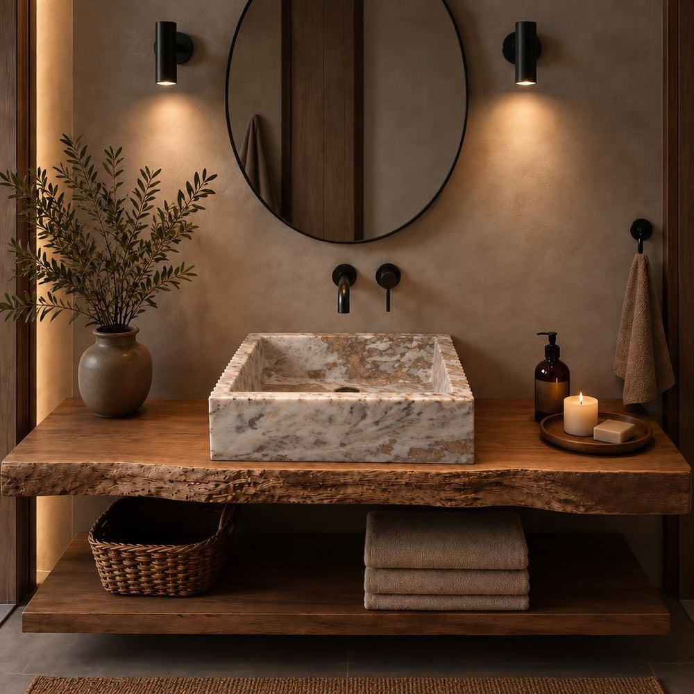 Kare Lavabo — Çok Renkli Damarlı, 40 cm — stilize mekân sunumu