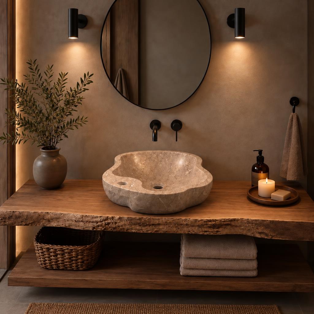 Çiçek Formlu Lavabo — Bej, 40 cm — stilize mekân sunumu