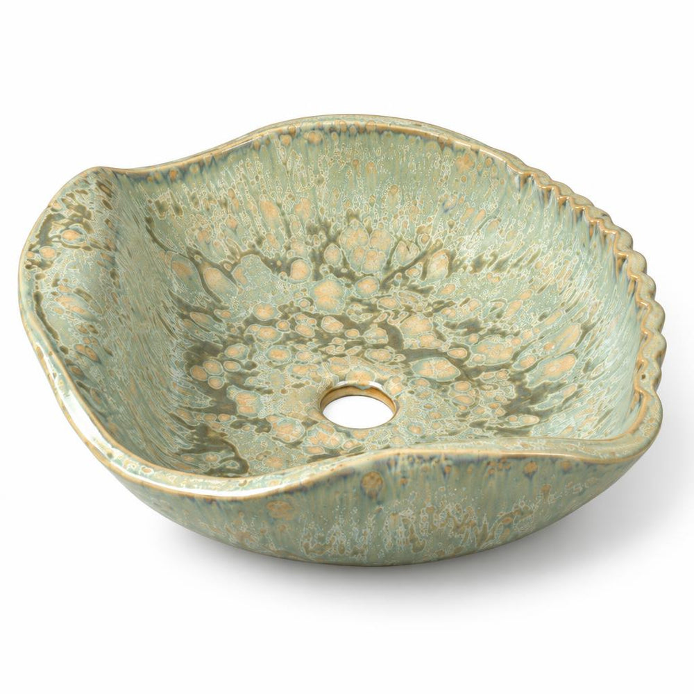 El Yapımı Porselen Dalgalı Kenarlı Lavabo — Yeşil Dokulu, 44 cm — stüdyo görünümü