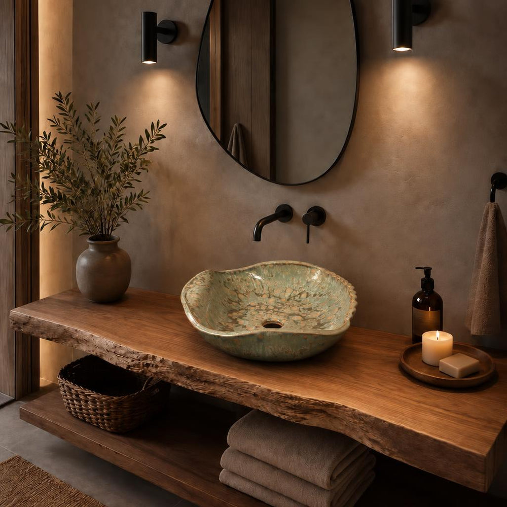 El Yapımı Porselen Dalgalı Kenarlı Lavabo — Yeşil Dokulu, 44 cm — stilize mekân sunumu