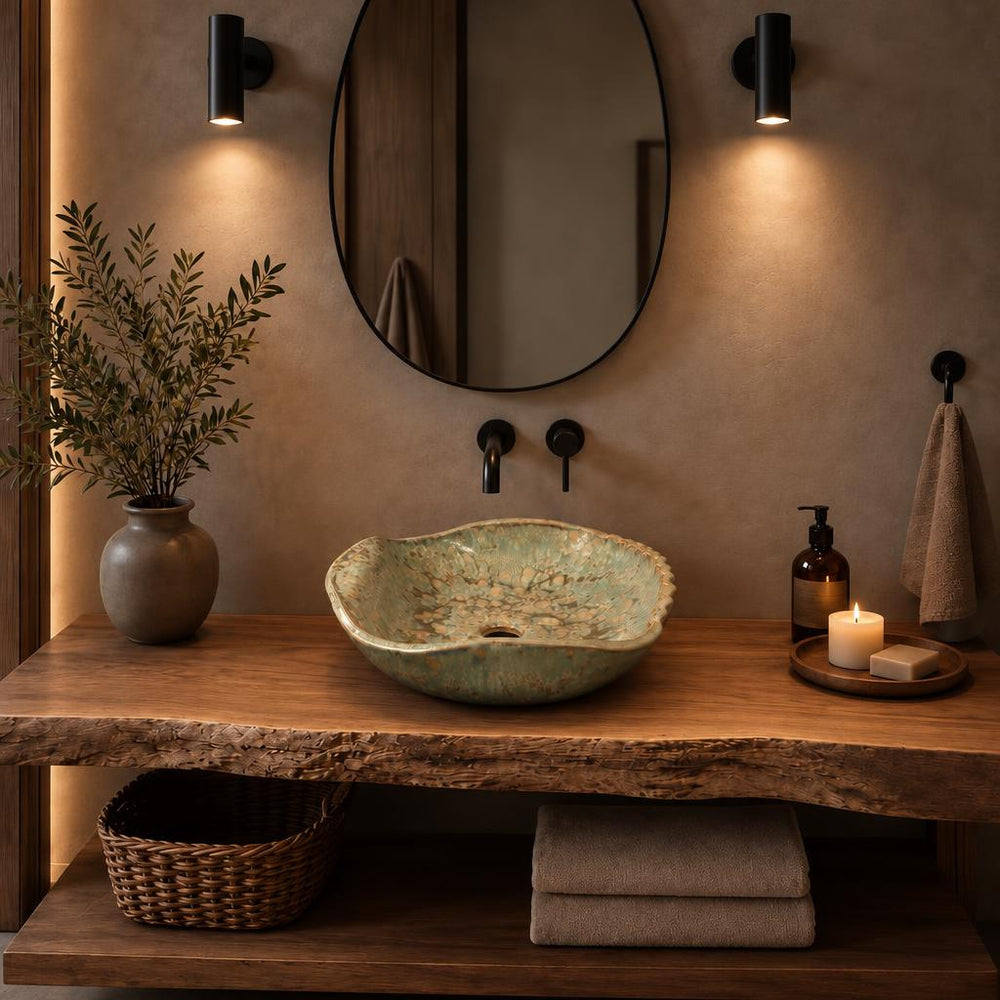 El Yapımı Porselen Dalgalı Kenarlı Lavabo — Yeşil Dokulu, 44 cm — stilize mekân sunumu