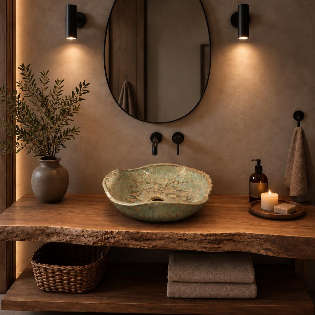 El Yapımı Porselen Dalgalı Kenarlı Lavabo — Yeşil Dokulu, 44 cm — stilize mekân sunumu