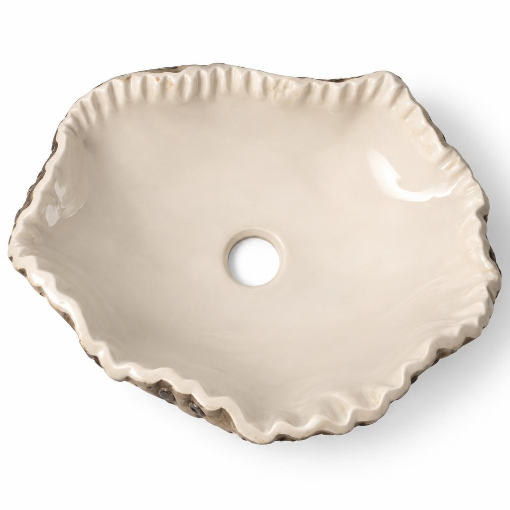 El Yapımı Porselen Dalgalı Kenarlı Lavabo — Beyaz, 45 cm — üstten görünüm