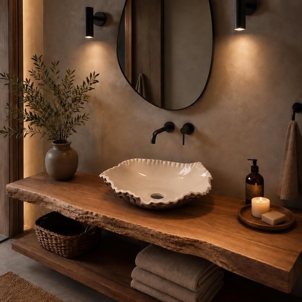 El Yapımı Porselen Dalgalı Kenarlı Lavabo — Beyaz, 45 cm — stilize mekân sunumu