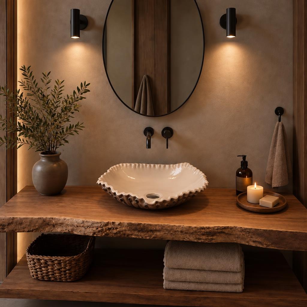 El Yapımı Porselen Dalgalı Kenarlı Lavabo — Beyaz, 45 cm — stilize mekân sunumu