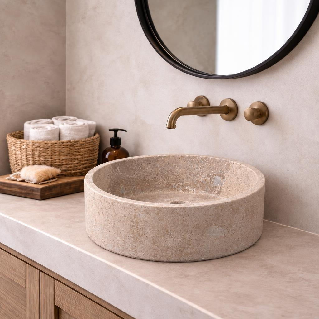 Silindir Lavabo — Bej, 41 cm — stilize mekân sunumu