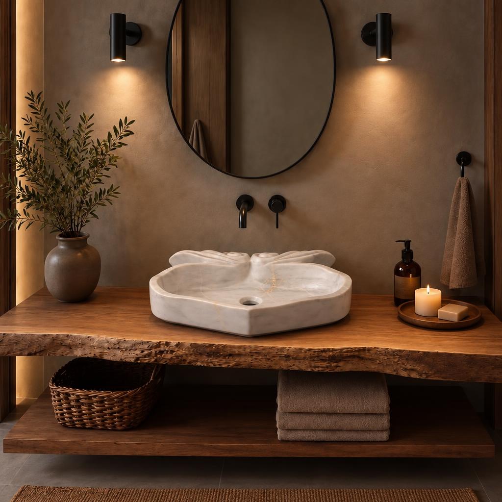 Çiçek Formlu Lavabo — Açık Gri, 43 cm — stilize mekân sunumu