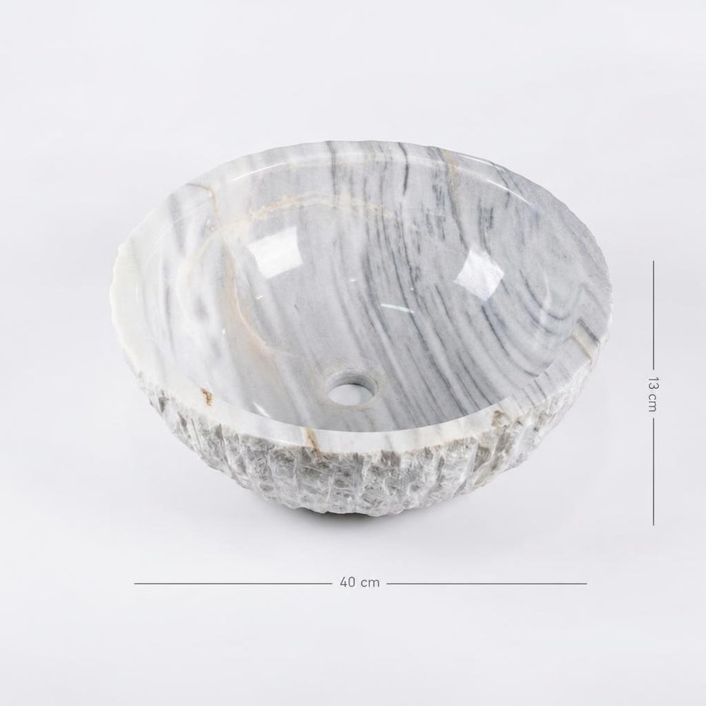 Doğal taş yuvarlak lavabo — ölçülü görünüm, 40 cm genişlik, 13 cm yükseklik
