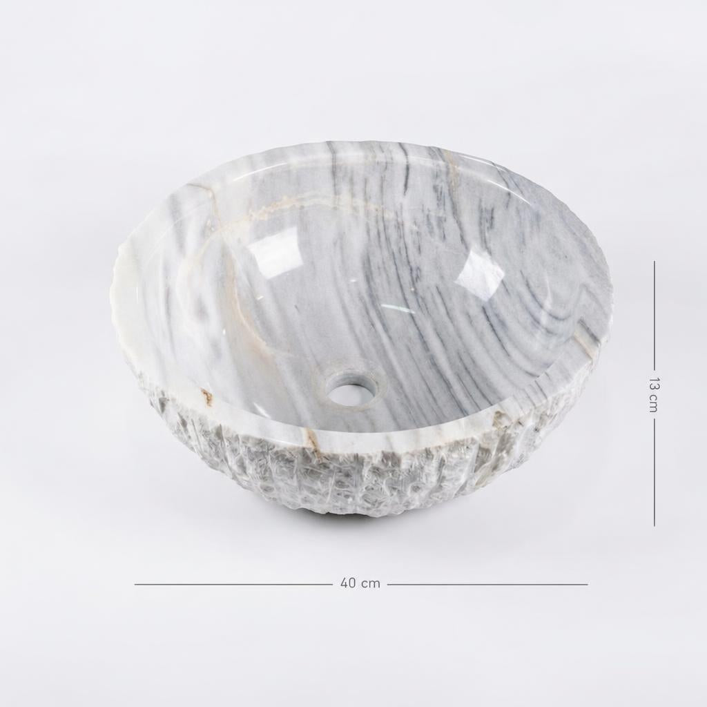 Doğal taş yuvarlak lavabo — ölçülü görünüm, 40 cm genişlik, 13 cm yükseklik