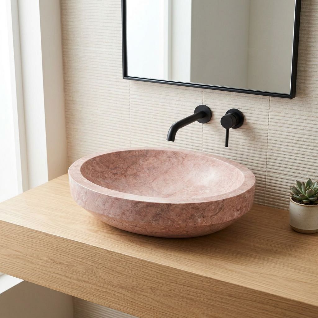 Pembe doğal taş lavabo, modern banyo düzeni — kurgulanmış çekim sahnesi