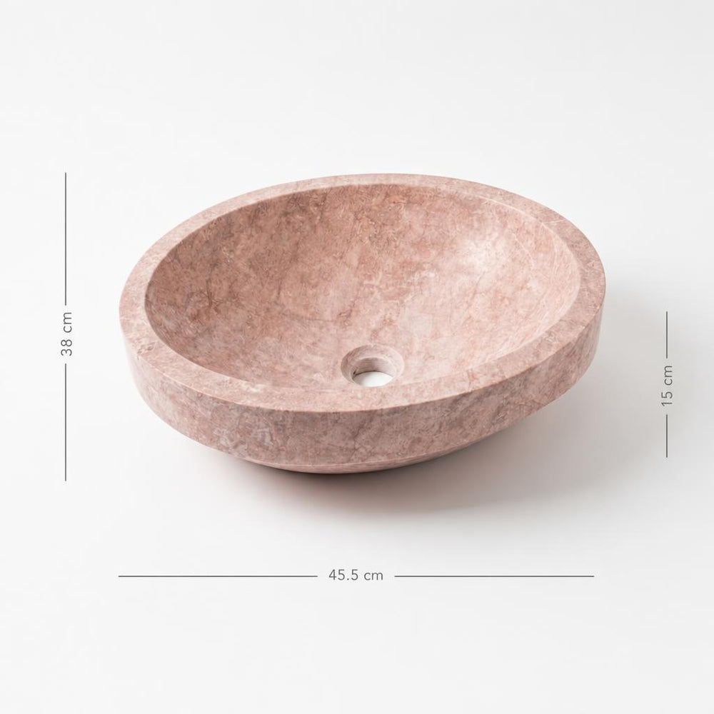 Pembe doğal taş yuvarlak lavabo — ölçülü görünüm, 45,5 cm ve 38 cm, 15 cm yükseklik