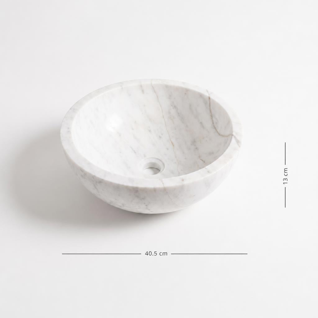 Beyaz damarlı doğal taş lavabo — ölçülü görünüm, 40,5 cm genişlik, 13 cm yükseklik