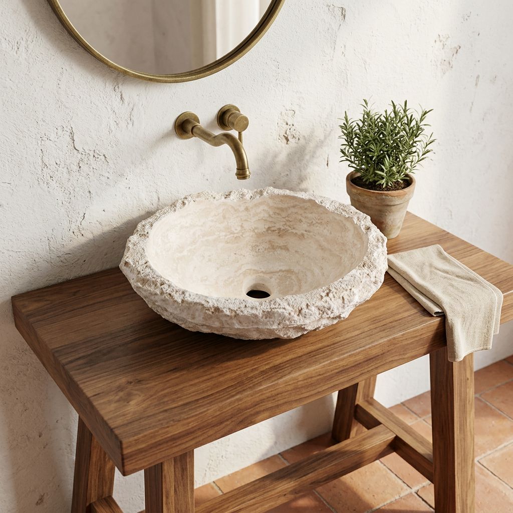 El Yapımı Porselen Yuvarlak Lavabo — Dokulu Krem, 45 cm — stilize mekân sunumu