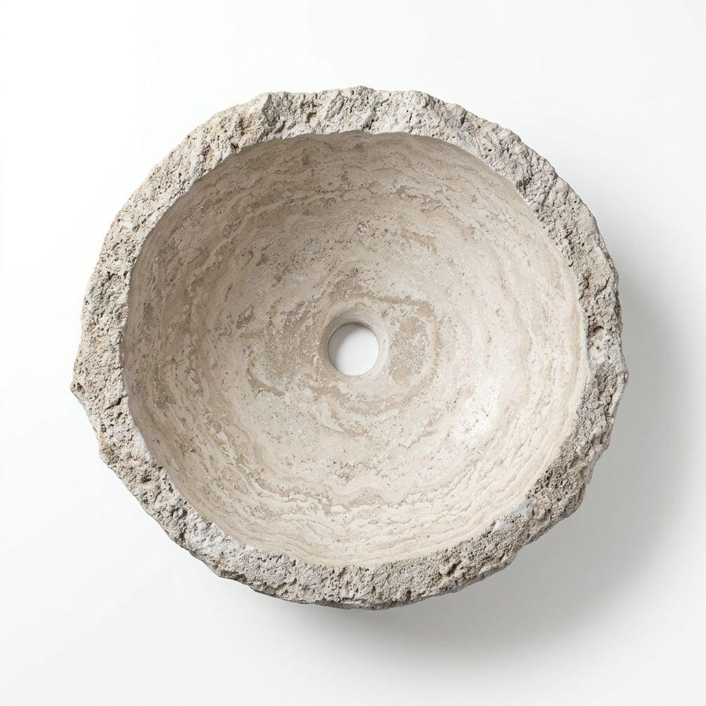 El Yapımı Porselen Yuvarlak Lavabo — Dokulu Krem, 45 cm — üstten görünüm