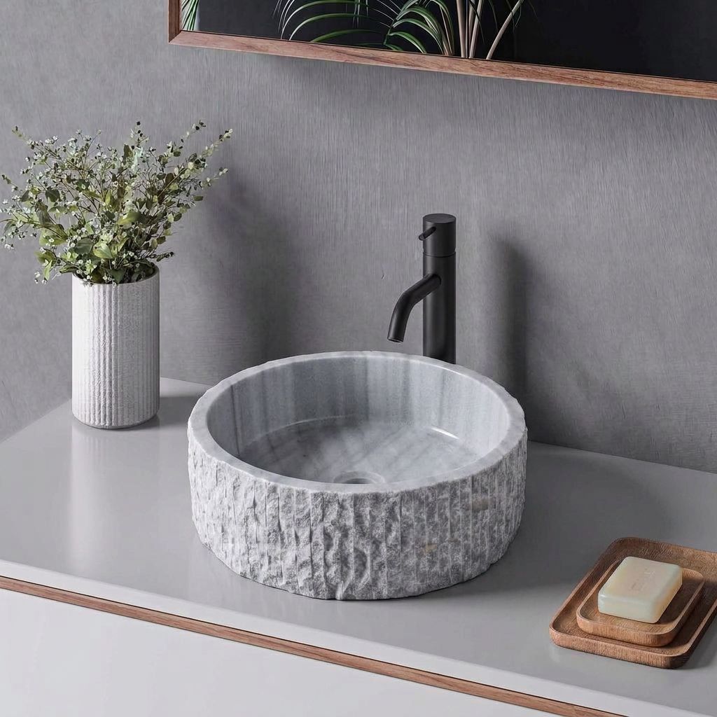 Gri doğal taş silindir lavabo, modern banyo düzeni ikinci açı — kurgulanmış çekim sahnesi