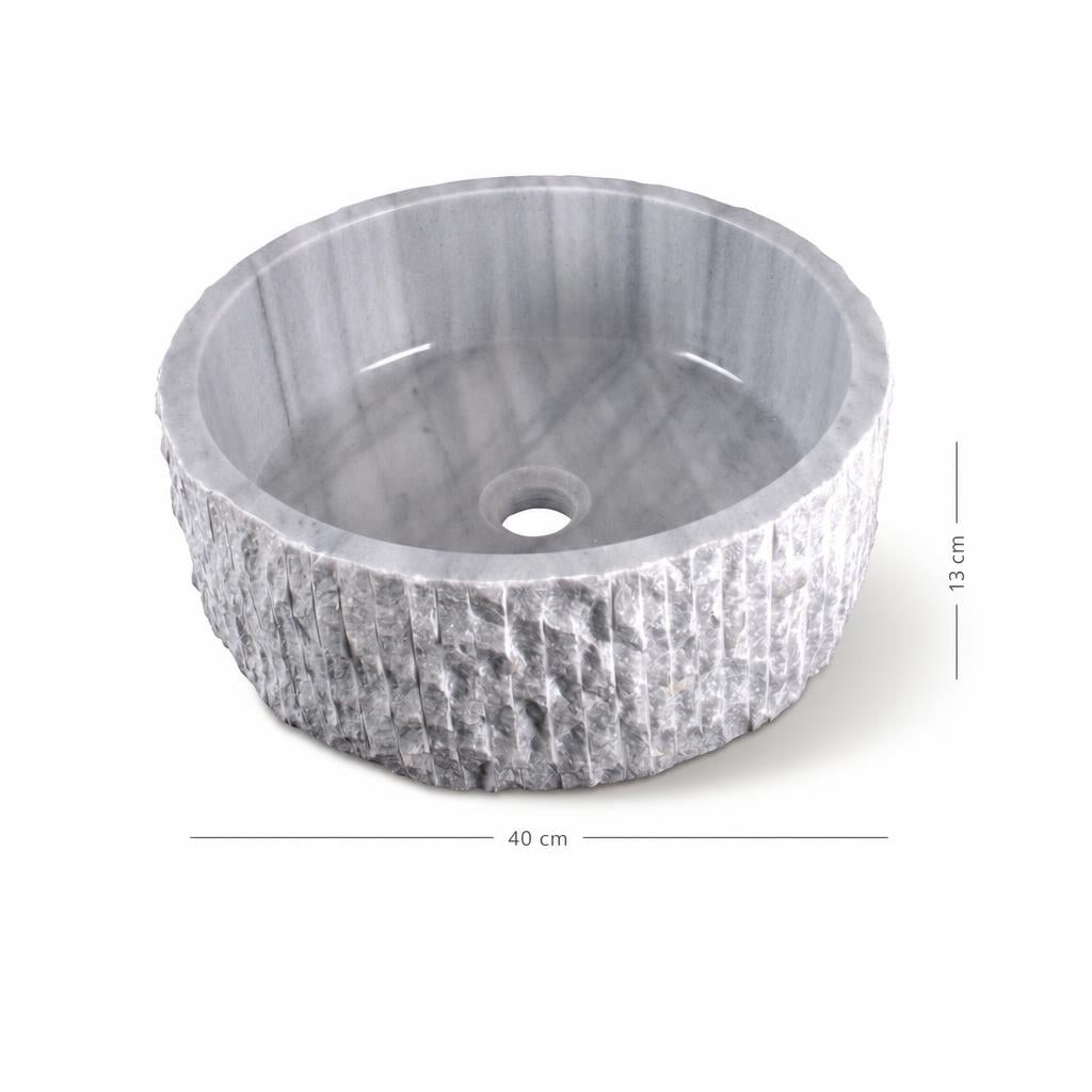Gri doğal taş silindir lavabo — ölçülü görünüm, 40 cm genişlik, 13 cm yükseklik