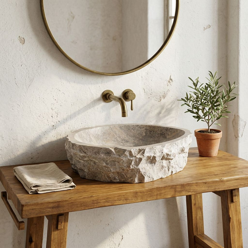 El Yapımı Porselen Serbest Form Lavabo — Gri Bej, 46 cm — stilize mekân sunumu