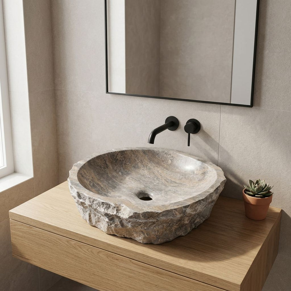 El Yapımı Porselen Serbest Form Lavabo — Gri Bej, 46 cm — stilize mekân sunumu