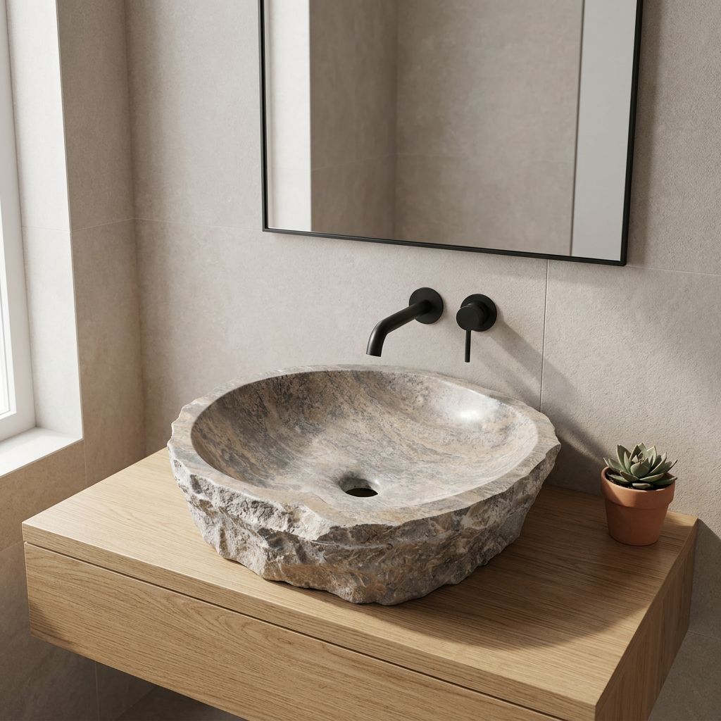 El Yapımı Porselen Serbest Form Lavabo — Gri Bej, 46 cm — stilize mekân sunumu