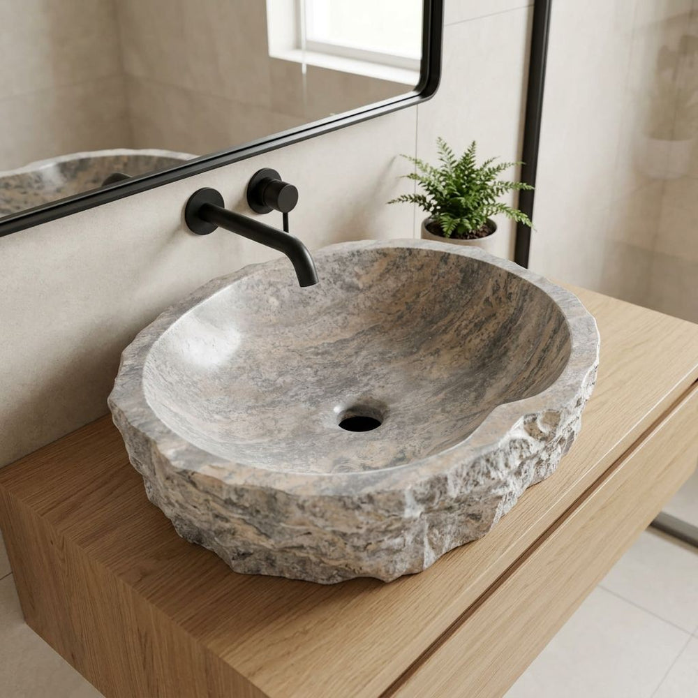 El Yapımı Porselen Serbest Form Lavabo — Gri Bej, 46 cm — stilize mekân sunumu