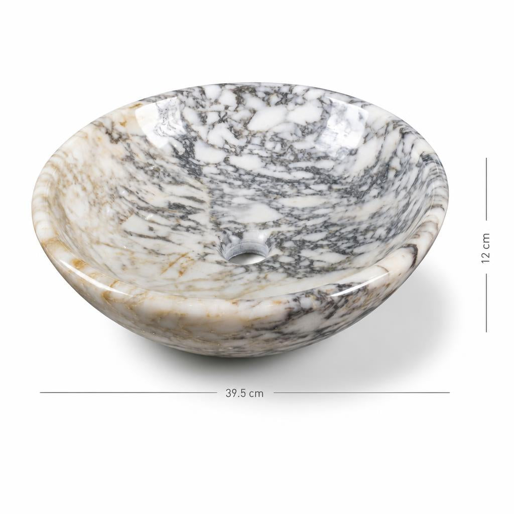 Yoğun damarlı doğal taş lavabo — ölçülü görünüm, 39,5 cm genişlik, 12 cm yükseklik