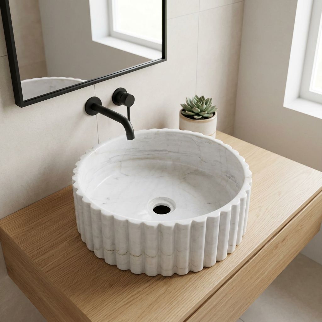 Yivli doğal taş silindir lavabo, modern banyo düzeni ikinci açı — kurgulanmış çekim sahnesi